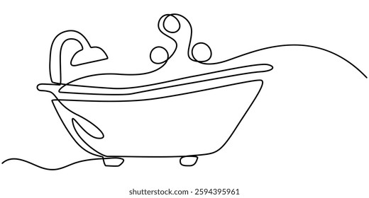  Continuous one line drawing of bathtub design. Simple bath in single line draw illustration. Continuous Line Drawing of Baby Bath Icon. Hand Drawn Symbol Vector Illustration.table stroke. 