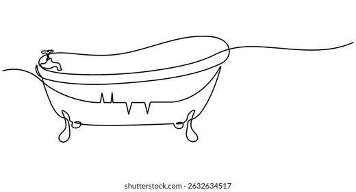 Continuous one line drawing of bathtub design. Continuous Line Drawing of Baby Bath Icon. Bathtub in continuous line art drawing style. Simple bath in single line draw illustration. Editable stroke.
