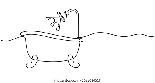 Continuous one line drawing of bathtub design. Continuous Line Drawing of Baby Bath Icon. Bathtub in continuous line art drawing style. Simple bath in single line draw illustration. Editable stroke.