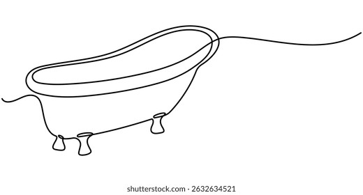 Continuous one line drawing of bathtub design. Continuous Line Drawing of Baby Bath Icon. Bathtub in continuous line art drawing style. Simple bath in single line draw illustration. Editable stroke.