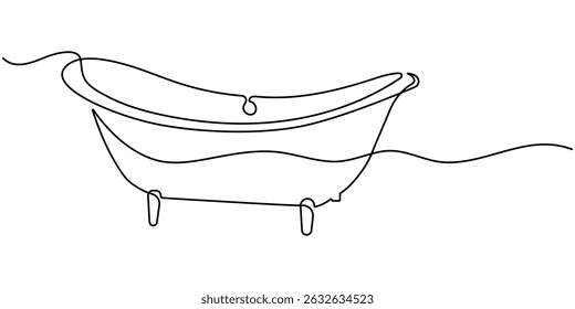 Continuous one line drawing of bathtub design. Continuous Line Drawing of Baby Bath Icon. Bathtub in continuous line art drawing style. Simple bath in single line draw illustration. Editable stroke.