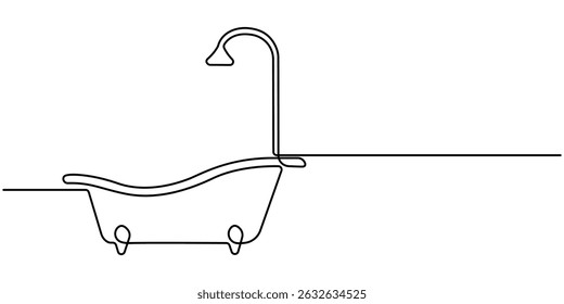 Continuous one line drawing of bathtub design. Continuous Line Drawing of Baby Bath Icon. Bathtub in continuous line art drawing style. Simple bath in single line draw illustration. Editable stroke.