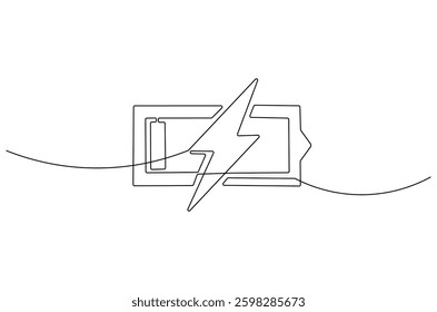 Continuous one line drawing of battery charging. Single line drawing illustration of battery charging symbol. Electricity energy concept vector art. Doodle line illustration.