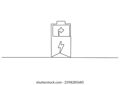 Continuous one line drawing of battery charging. Single line drawing illustration of battery charging symbol. Electricity energy concept vector art. Doodle line illustration.