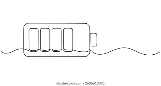 Continuous one line drawing of battery charging vector illustration, Battery icon continuous one line drawing, outline drawing of Battery with bolt symbol. Battery single vector illustration. Editable