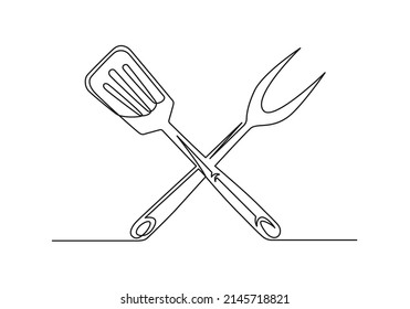 Continuous One Line Drawing Of A Bbq Fork And Spatula. Barbeque Fork And Spatula Isolated On A White Background. Vector Illustration