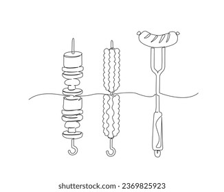 Continuous one line drawing of Bbq grill food, turkish kebab, meat and vegetables. Barbecue food outline vector. Editable stroke.