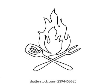 Continuous one line drawing of a bbq fork and spatula. Barbeque fork, spatula and fire isolated on a white background. Vector illustration