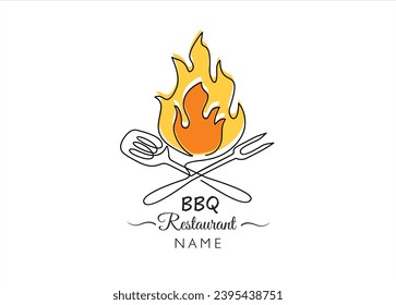 Continuous one line drawing of a bbq fork and spatula. Barbeque fork, spatula and fire isolated on a white background. Restaurant menu concept.