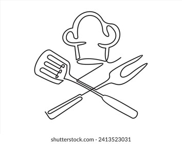 Continuous one line drawing of a bbq fork and spatula. Barbeque fork and spatula isolated on a white background. Vector illustration