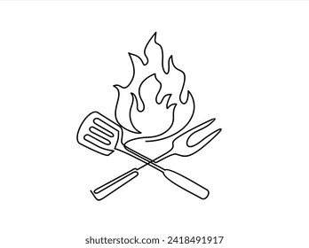 Continuous one line drawing of a bbq fork and spatula. Barbeque fork, spatula and fire isolated on a white background. Restaurant menu concept.