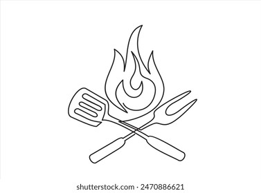 Continuous one line drawing of a bbq fork and spatula. Barbeque fork, spatula and fire isolated on a white background. Restaurant menu concept.