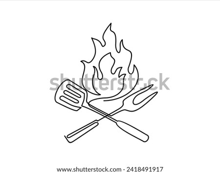 Continuous one line drawing of a bbq fork and spatula. Barbeque fork, spatula and fire isolated on a white background. Restaurant menu concept.