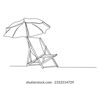 Continuous one line drawing of beach sunbed. Beach umbrella and chair for holiday, summer and vacation concept. Editable stroke.