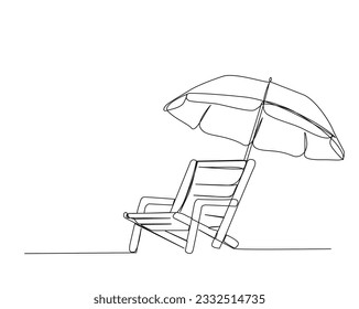 Continuous one line drawing of beach sunbed. Beach umbrella and chair for holiday, summer and vacation concept. Editable stroke.