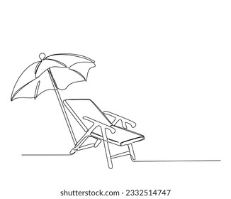 Continuous one line drawing of beach sunbed. Beach umbrella and chair for holiday, summer and vacation concept. Editable stroke.