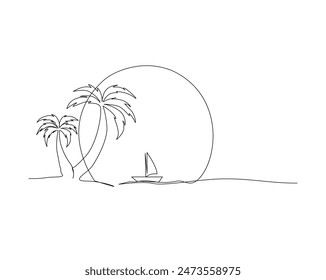 Continuous one line drawing of beach sea with palm coconut tree, boat, tropical summer landscape. Palm beach sunset landscape single outline vector illustration. Editable stroke.