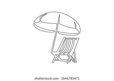 Continuous one line drawing of Beach chair lounger with umbrella. Single line drawing illustration of Beach umbrella and chair. Summer vacation by the sea concept vector art. Doodle line illustration.