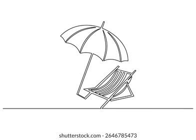 Continuous one line drawing of Beach chair lounger with umbrella. Single line drawing illustration of Beach umbrella and chair. Summer vacation by the sea concept vector art. Doodle line illustration.