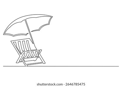 Continuous one line drawing of Beach chair lounger with umbrella. Single line drawing illustration of Beach umbrella and chair. Summer vacation by the sea concept vector art. Doodle line illustration.