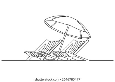 Continuous one line drawing of Beach chair lounger with umbrella. Single line drawing illustration of Beach umbrella and chair. Summer vacation by the sea concept vector art. Doodle line illustration.