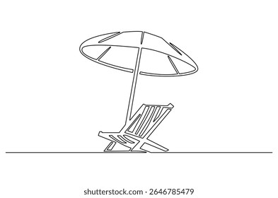 Continuous one line drawing of Beach chair lounger with umbrella. Single line drawing illustration of Beach umbrella and chair. Summer vacation by the sea concept vector art. Doodle line illustration.