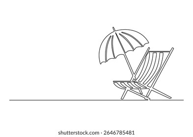 Continuous one line drawing of Beach chair lounger with umbrella. Single line drawing illustration of Beach umbrella and chair. Summer vacation by the sea concept vector art. Doodle line illustration.