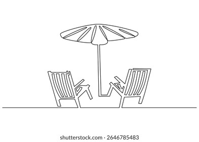 Continuous one line drawing of Beach chair lounger with umbrella. Single line drawing illustration of Beach umbrella and chair. Summer vacation by the sea concept vector art. Doodle line illustration.