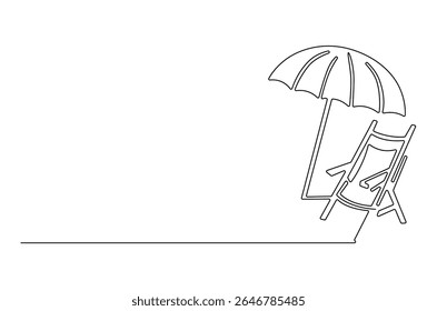 Continuous one line drawing of Beach chair lounger with umbrella. Single line drawing illustration of Beach umbrella and chair. Summer vacation by the sea concept vector art. Doodle line illustration.