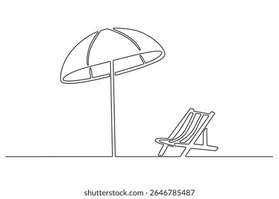Continuous one line drawing of Beach chair lounger with umbrella. Single line drawing illustration of Beach umbrella and chair. Summer vacation by the sea concept vector art. Doodle line illustration.
