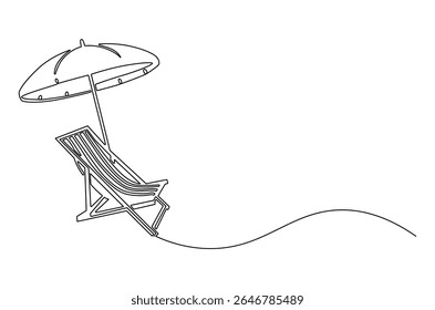 Continuous one line drawing of Beach chair lounger with umbrella. Single line drawing illustration of Beach umbrella and chair. Summer vacation by the sea concept vector art. Doodle line illustration.