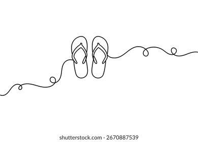 Continuous one line drawing of beach slippers sandals minimalist style outline vector isolated illustration back and white