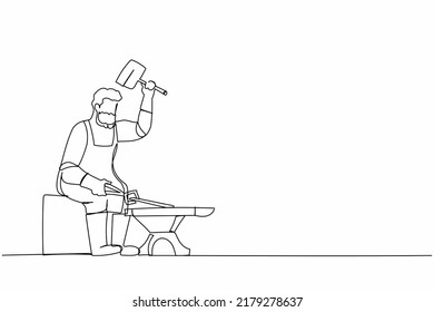 Continuous One Line Drawing Bearded Blacksmith Sitting Wearing Apron Hitting Iron Piece Forged With Sledgehammer. Worker Producing Steel Craft Art. Single Line Draw Design Vector Graphic Illustration