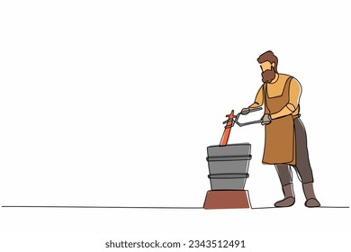 Continuous one line drawing bearded blacksmith master putting hot metal material from furnace in cold water  Steel craft anvil worker  Craftsman in apron  Single line draw design vector illustration