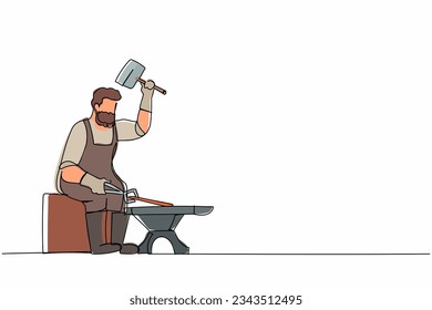 Continuous one line drawing bearded blacksmith sitting wearing apron hitting iron piece forged with sledgehammer. Worker producing steel craft art. Single line draw design vector graphic illustration