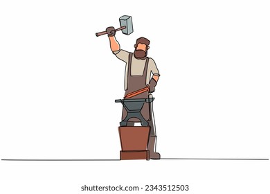 Continuous one line drawing bearded blacksmith forges small sword on the anvil. Young man blacksmith in apron standing working hard with hot iron. Single line draw design vector graphic illustration