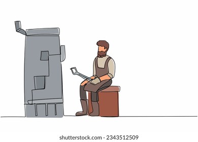 Continuous one line drawing bearded blacksmith sitting in traditional old style, wearing apron and holding tongs, maintaining coal fire in workshop. Single line draw design vector graphic illustration