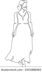 Kontinuierliche eine Linie Zeichnung bärtigen Mann in einem Frauenkleid. Transgender, homosexuell.Eine durchgehende Linie isoliert minimale vertikale Illustration.Nicht AI.