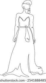 Uma linha contínua desenhando o homem barbudo no vestido de uma mulher. Transexual, homossexual.Uma linha contínua isolada ilustração vertical mínima.Não AI.