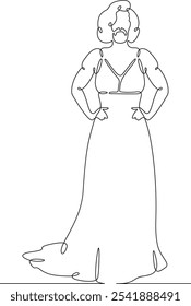 Continuo una línea dibujando hombre barbudo en el vestido de una mujer. Transgénero, homosexual. Una línea continua aislada ilustración de Vertical mínima. No AI.