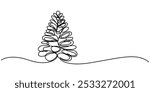 Continuous one line drawing of beautiful pine cone icon in silhouette on a white background. Linear stylized, Spruce cone one line art. Continuous line drawing of new year, freezing, holidays, pine