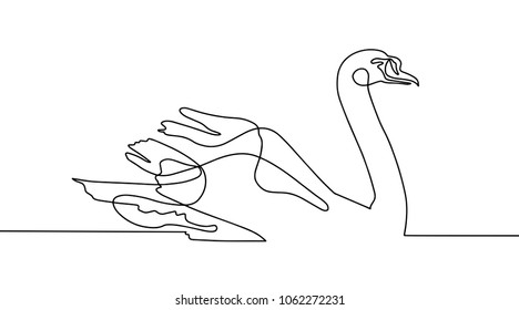 continuous one line drawing of beautiful swan floating on the river in modern minimalistic style, mono line vector illustration
