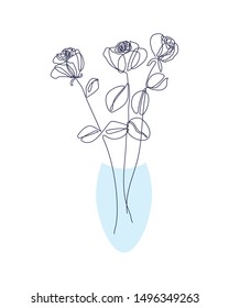 Continuous one line drawing. Beautiful rose flower set logo. Vector illustration. Concept for logo, card, banner, poster, flyer. three roses in a blue jar