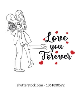Continuous one line drawing Beautiful romantic couple . Modern brush calligraphy. Hand drawn lettering love you forever. Perfect for greeting cards, party invitations, posters, stickers. Valentine day