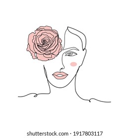 Continuous one line drawing a beautiful young woman face makeup with flower. Vector illustration. Beauty concept design.