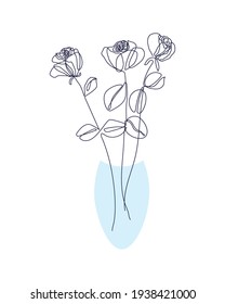 Continuous one line drawing. Beautiful rose flower set logo. Vector illustration. Concept for logo, card, banner, poster, flyer. three roses in a blue jar