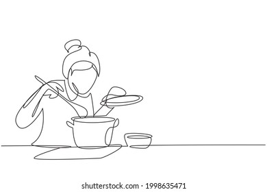 Continuous one line drawing beautiful housewife enjoying smell cooking from pot  Prepare food at cozy kitchen  Cooking at home  Healthy food  Single line draw design vector graphic illustration