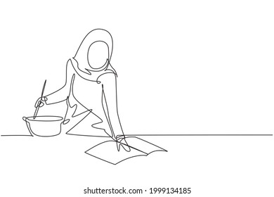 Continuous one line drawing beautiful Arabian woman cooking meal while reading tutorial book on cozy kitchen table at home. Healthy food lifestyle. Single line draw design vector graphic illustration