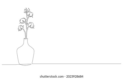Continuous one line drawing of beautiful cotton flowers in glass vase. Stylish bloom plant for interior design in linear style isolated on white background. Vector illustration
