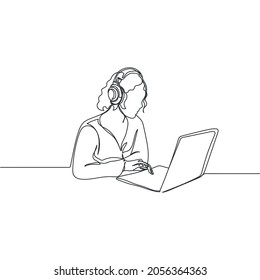 Dibujo continuo de una línea de un hermoso negocio de mujeres en el trabajo a través de videollamadas usando una laptop en silueta sobre un fondo blanco. Linear estilizado.